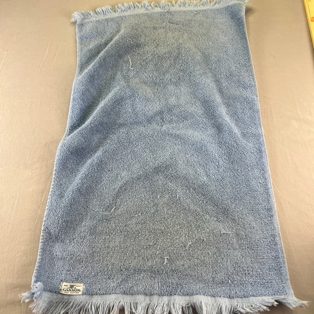 Vintage Cannon Hand Towel and bath Blue Rose Floral Cotton Fringed Made in USA